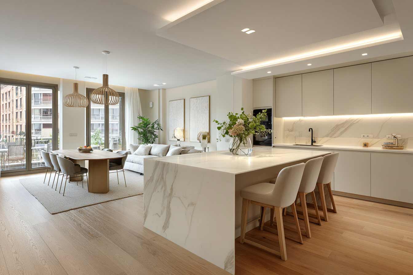 Reforma integral de vivienda en Vitoria realizada por Espacium con cocina abierta al salón.